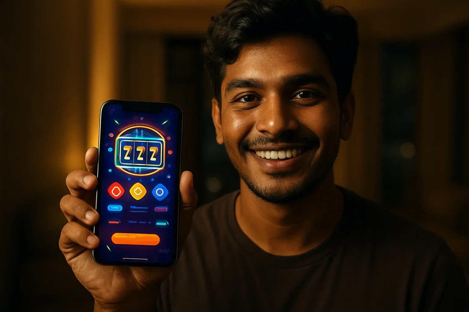 Young Bangladeshi man holding smartphone showing colorful mobile casino app interface