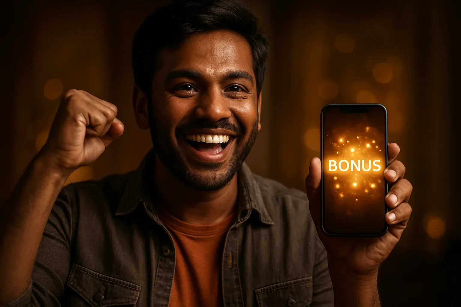 Joyful Bangladeshi man holding smartphone with glowing bonus notification screen