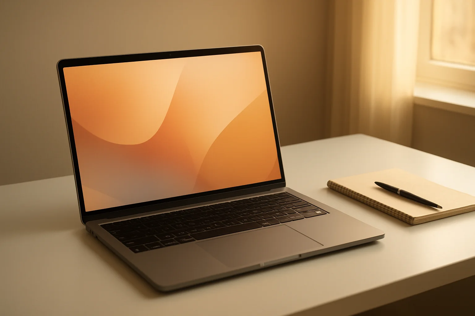 Modern laptop on white desk with abstract glowing screen and notepad