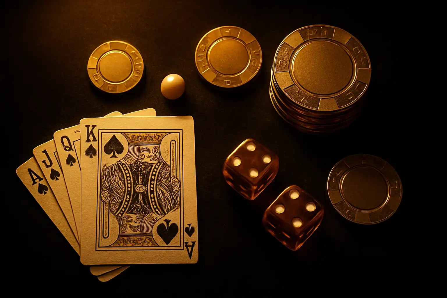 Top-down casino scene with golden chips, cards, dice, and roulette ball