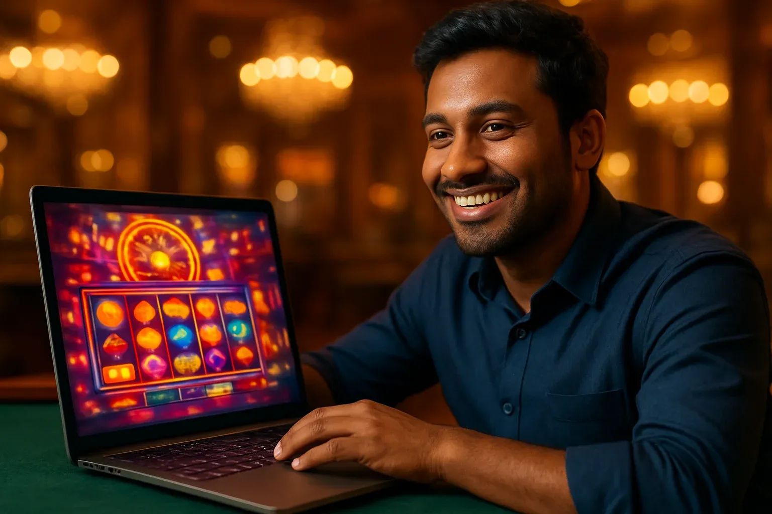 Cheerful Bangladeshi man with open laptop in premium casino lounge