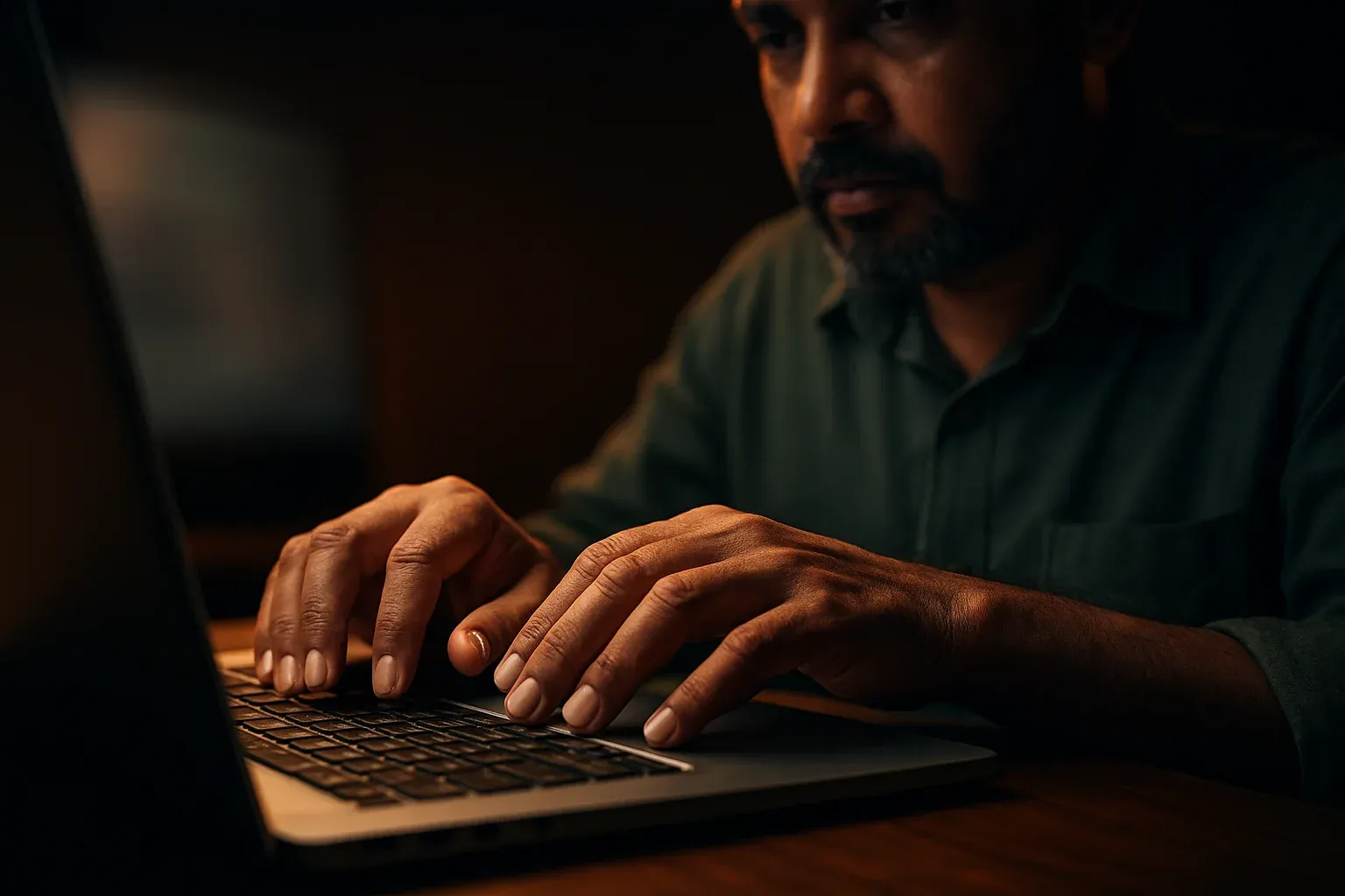 Bangladeshi man's hands typing on modern laptop keyboard in dramatic lighting