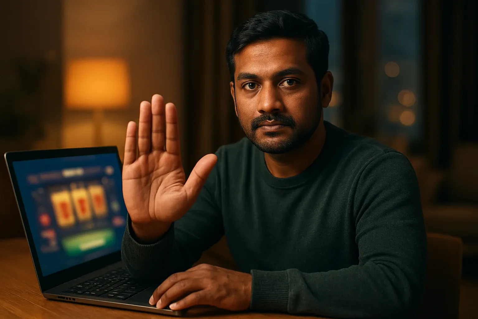 Bangladeshi man making stop gesture near online casino laptop screen