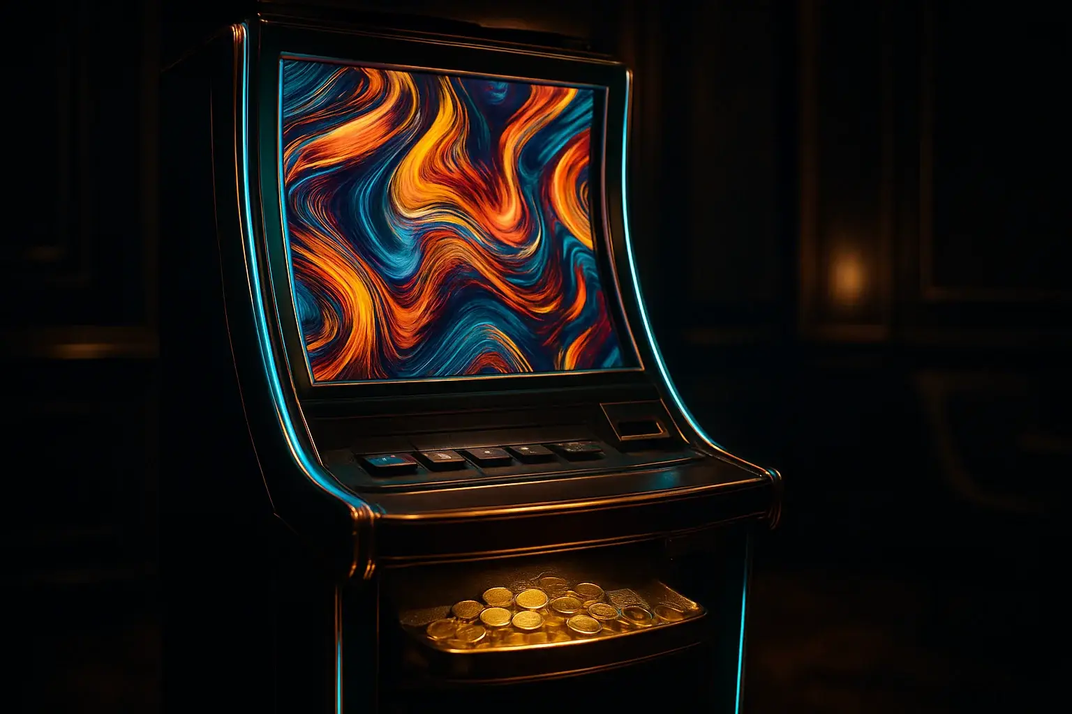Hyperrealistic premium slot machine in dark luxury setting with neon lighting